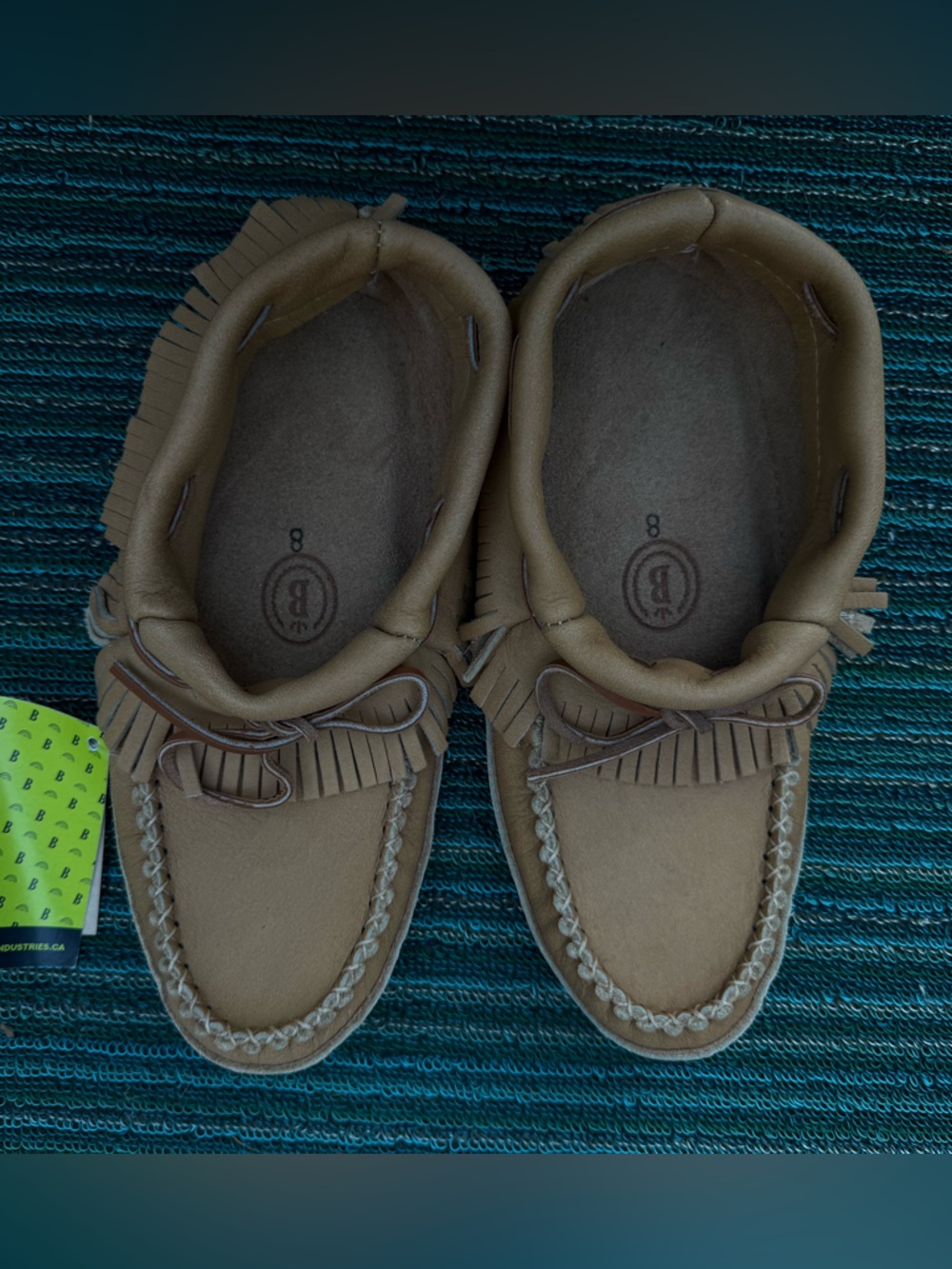 Bastien Industries Moccasins Size 8 Tan Leather Fringe NWT Indigenous Handmade